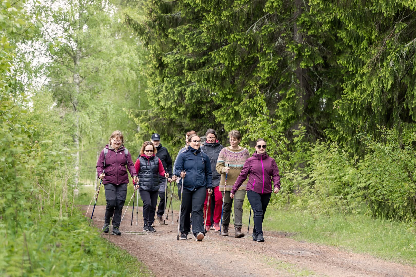 Reipas porukka sauvakävelemässä hiekkatiellä metsän keskellä.