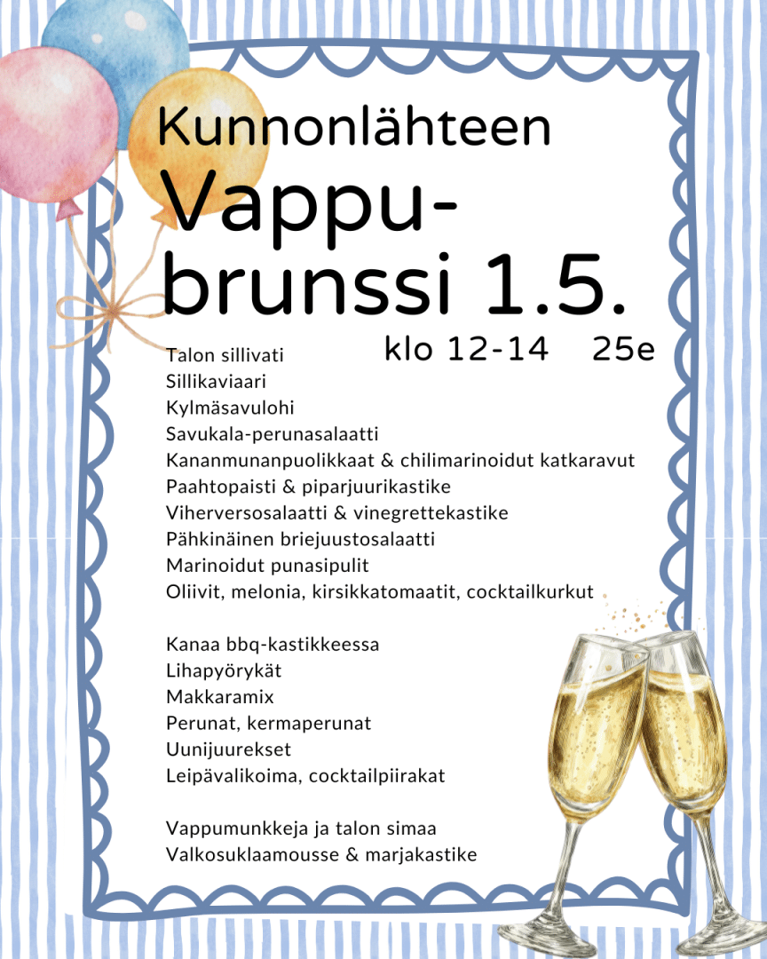 Kunnonlähde Kankaanpään vappubrunssin menu