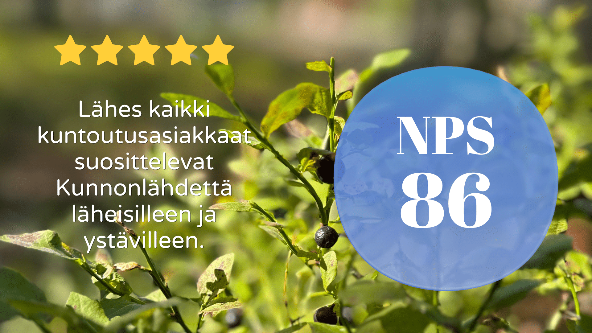 Kunnonlähdeen asiakastyytyväisyyttä mittaava NPS on 86. Se tarkoittaa, että lähes kaikki kuntoutusasiakkaat suosittelevat Kunnonlähdettä.